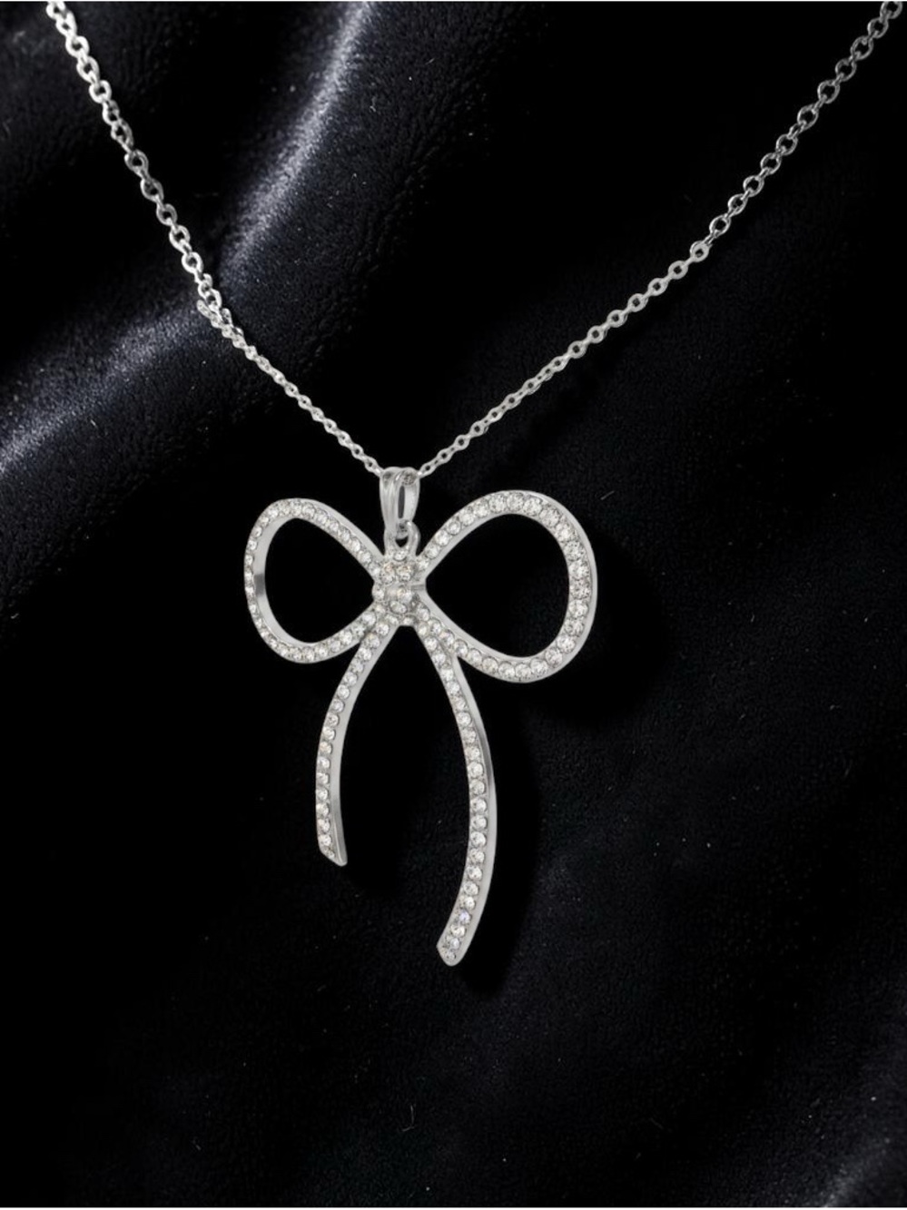 Delicate Silver Bow Pendant Necklace with Crystals